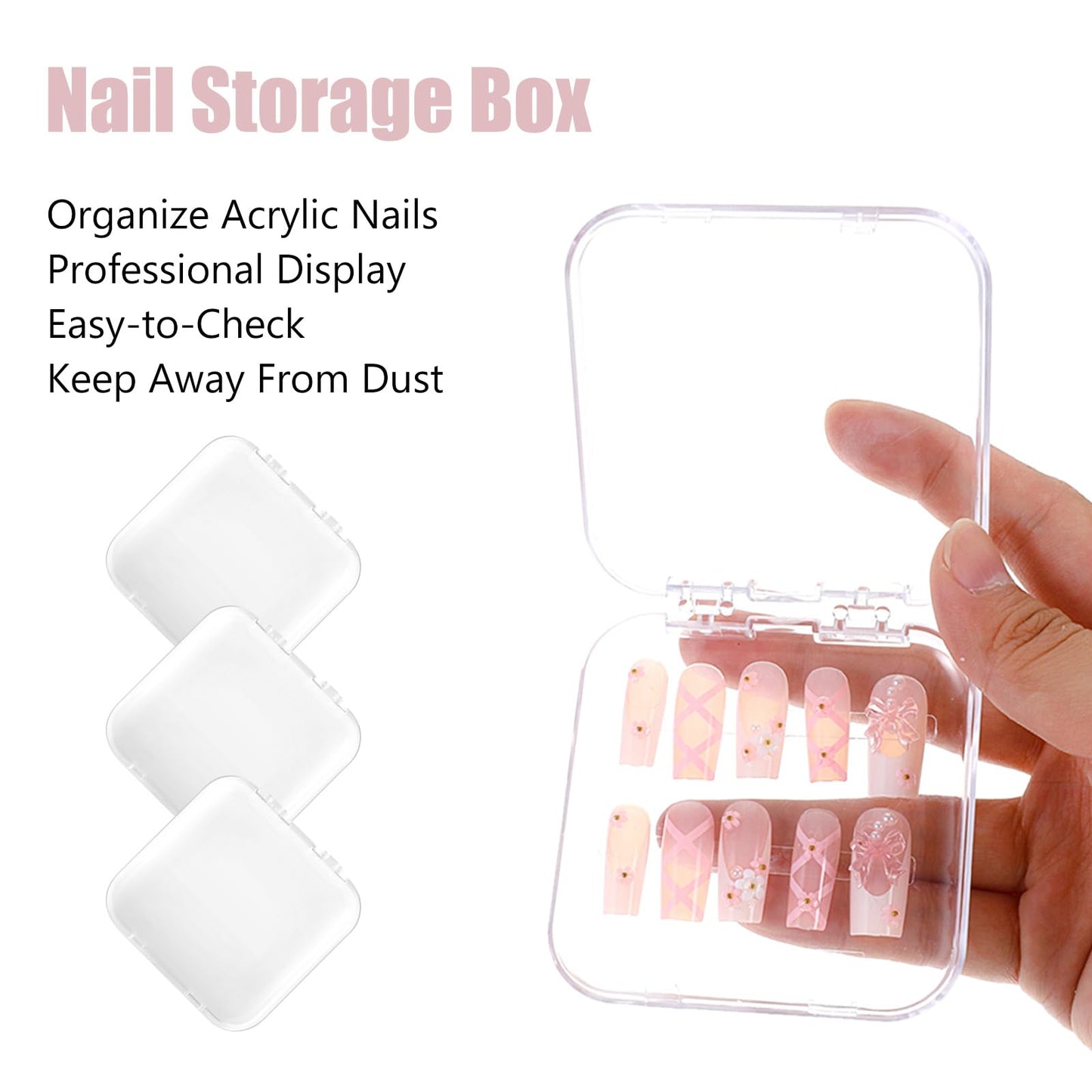 36 Pcs Press on Nail Storage Box Container All-In-One Clear 3 pcs Double Sided Tape Acrylic Display Fake Nail 3 Big Storage Box Organizer Case Artificial False Nail Boxes Packaging for Press Ons