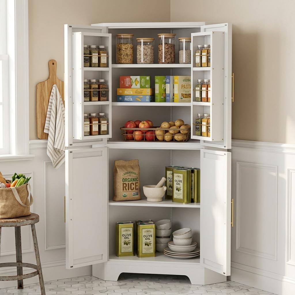 AUN Corner Cabinet, Kitchen Pantry Storage Cabinet with Adjustable Shelves & Spice Rack, Tall Freestanding Corner Pantry with Shaker Doors & Gold Handles for Kitchen, Bathroom, Living Room (White)