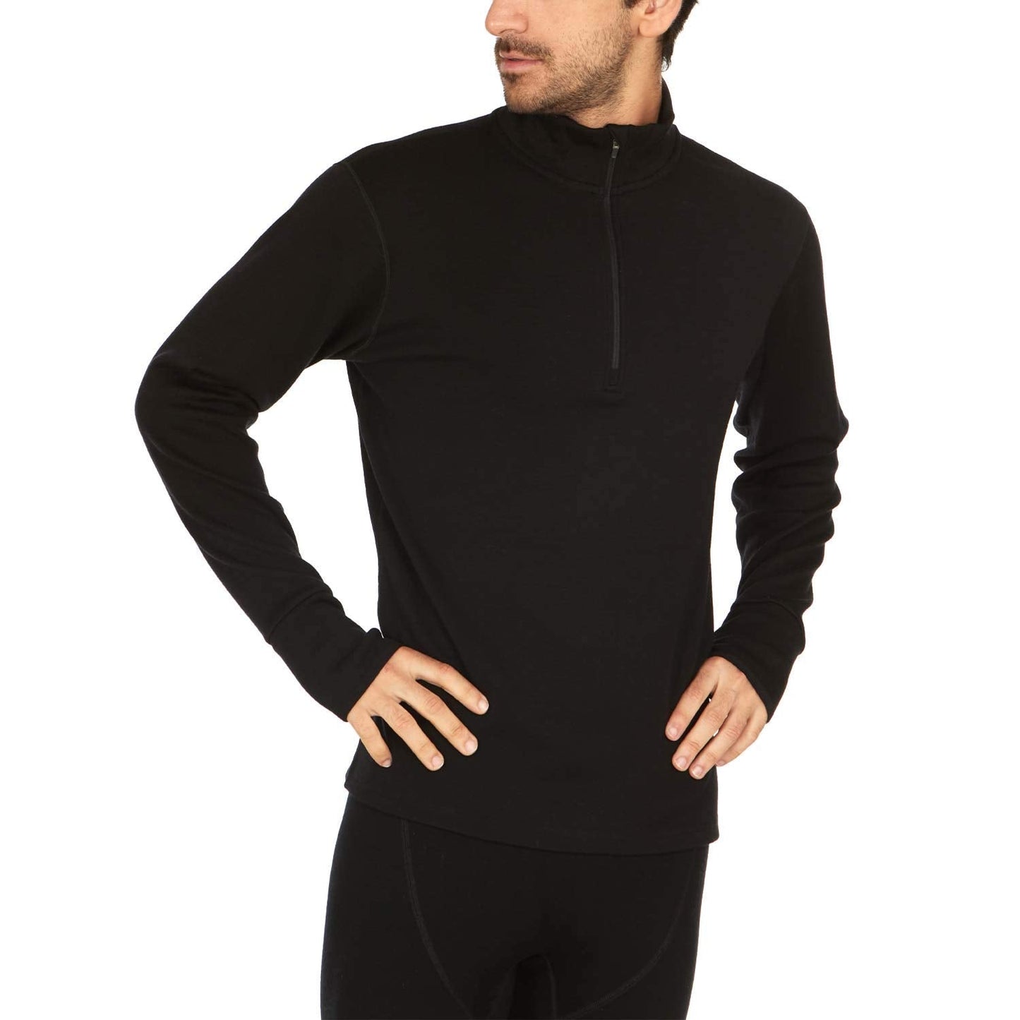 100% Merino Wool Quarter Zip - Mens Expedition Weight Mid Layer - Moisture Wicking - Anti Odor - Black - Large