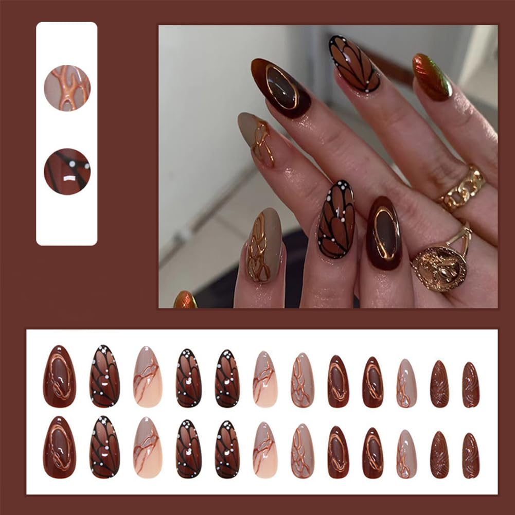24Pcs Medium Almond Press on Nails Brown Acrylic False Nails With Butterfly Designs Fake Fingernails 3D Gold Curve Line Glossy Full Cover Artificial Fale Nails Kit Reusable Women Girls Manicure