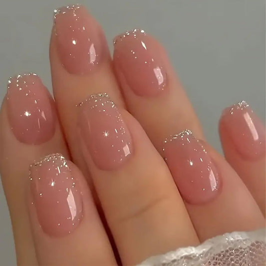 24Pcs Silver French Tip Press on Nails Short Square Fake Nails Glossy Nude False Nails Glitter Full Cover Artificial Glue on Nails Cute Stick on Nails Nail Reusable Supplies for Women DIY Nails Art
