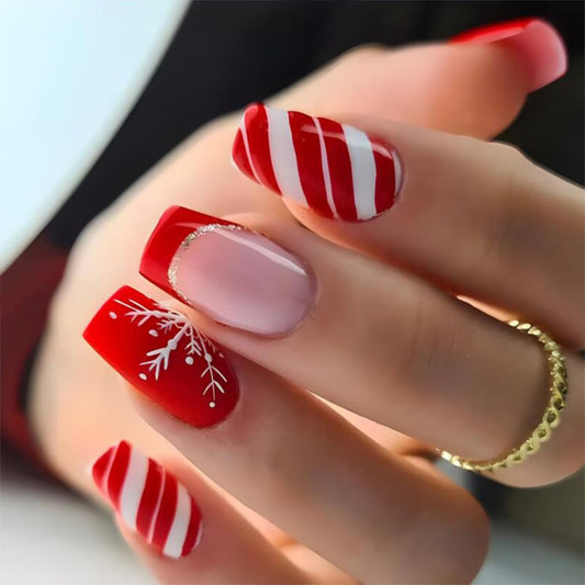 Winter Holiday Press on Nails Medium Christmas Fake Nails with Stripe Snowflake Design Red Christmas False Nails Xmas Acrylic Nails Glossy Full Cover Stick on Nails for Women Girls 24Pcs