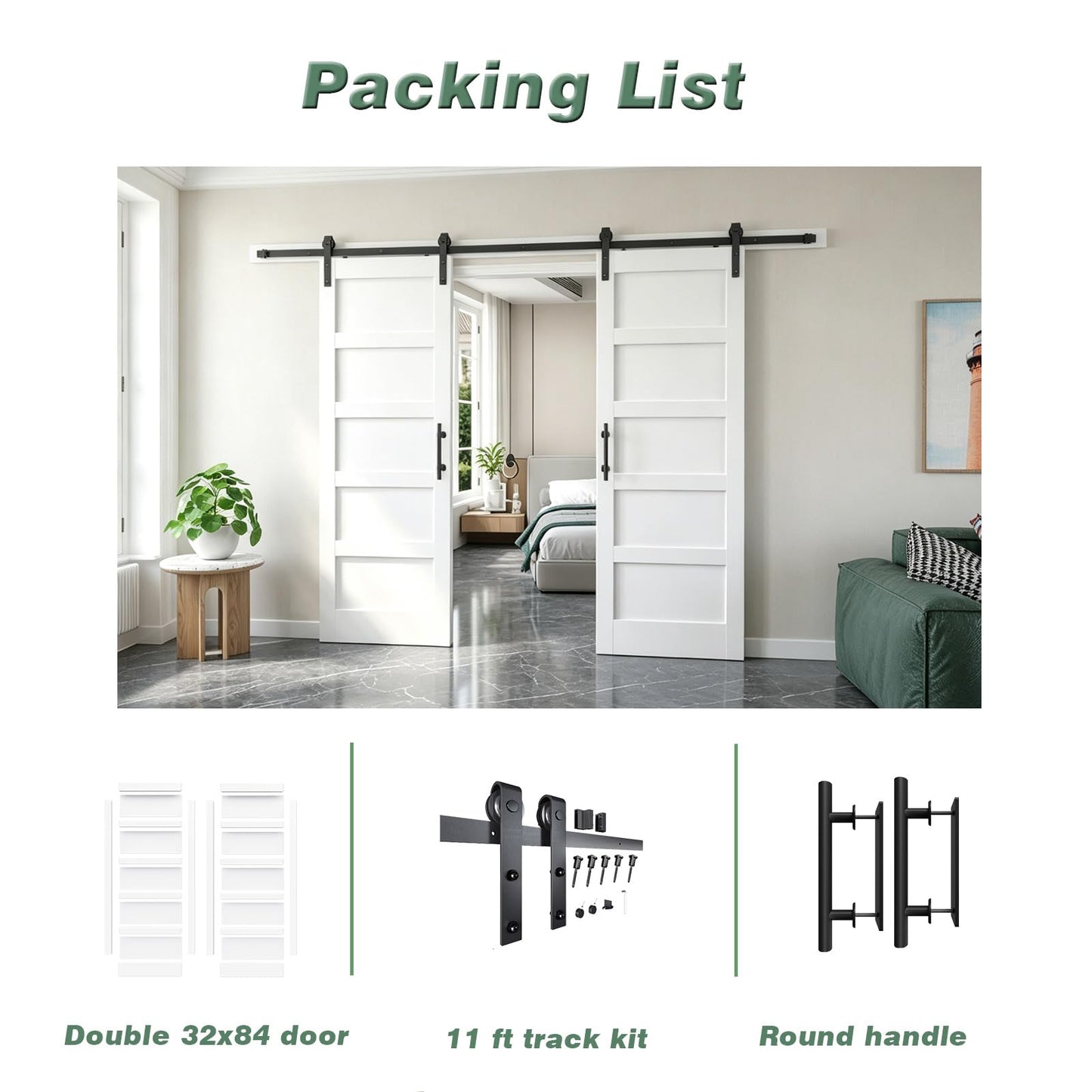 FREDBECK White Barn Door 64x84 (Double 32in x 84in) with Hardware Kit & Handle Included,5-Panel Interior Doors,Water-Proof PVC Surface,Pre-Drilled Holes,Need Assembly