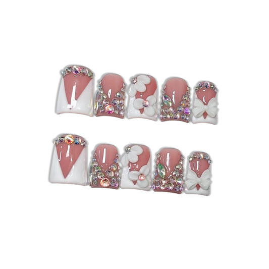 Hantyer 10pcs Press on Nails with Tools Kit, Short Duckbill Glossy White French Tips, Crystal Rhinestones & 3D Floral Designs, Icy Shimmer Finished Salon Nails, Reusable for Special Events (Size M)