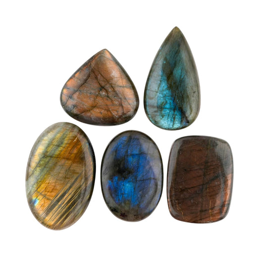 CRYSTALINES 5pcs Natural Labradorite Gemstones, Bulk Flatback Cabochon, Polished Stones, DIY Jewelry Making, Healing Crystals, Wholesale Assorted Loose Supply, Wire Wrapping, Gem Collection