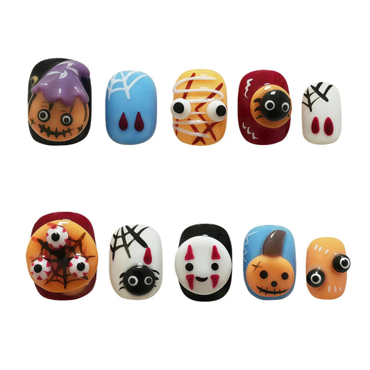Handmade Kawaii 3D Embossed Press on Nails Short Round - Colorful Cute Character Art, Luxury Pop Art Aesthetic False Nails (Cute Ghost Party,S)