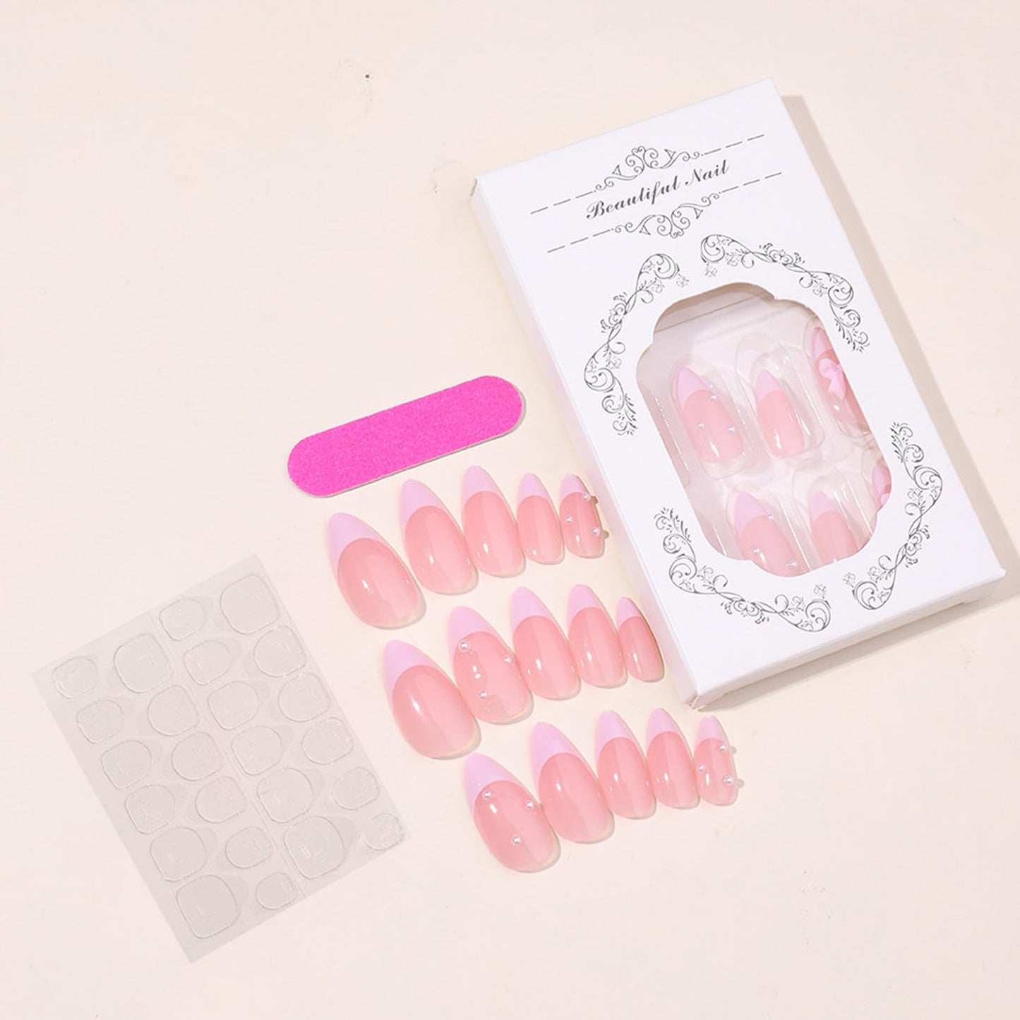 24Pcs French Press on Nails Almond Fake Nails with Bow Pearl Design Pink French Tip False Nails Cute Pink Press on Nail Tips Glossy Artificial Nails Acrylic Stick on Nail for Women Manicure