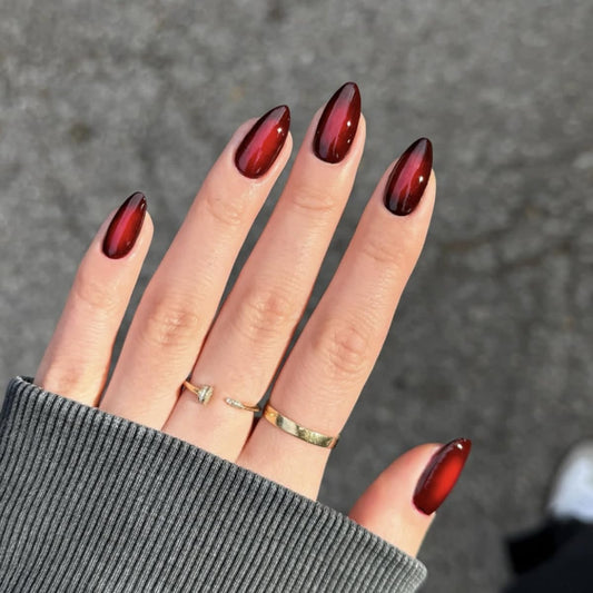 Red Black Ombre Press on Nails Medium Almond Fake Nails Sassy False Nails Full Cover Glossy Acrylic Nails for Women 24PCS