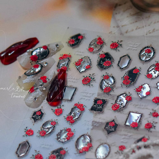 Black Mirror Nail Stickers 5D Embossed – Premium Salon-Quality Nail Charm Accessories, Easy Application & Self-Adhesive for DIY Manicure, Gothic Red Rose Metal Nail Art, Press on, Home or Salon Use