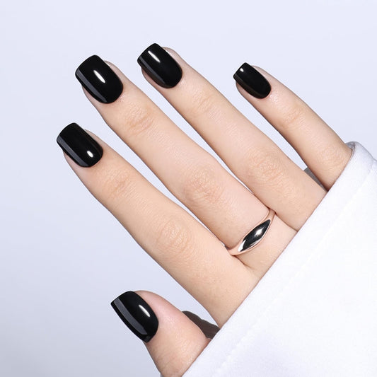 Black Press On Nails Square - Goth Short Square Fake Nails, Gothic Press On Nails Reusable Stick On Nails in 15 Sizes 30pcs False Nail Kit for Women & Girls (Pure Black)