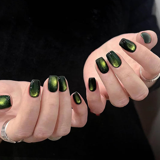 HOSAILY Green Cat Eye Press on Nails Short Square, Green Galaxy Fake Nails with Magnetic Shimmer Design, 24pcs Glossy Handmade Gel Glue on Nails Coffin, Salon Quality Stick on Nail Press ons for Women