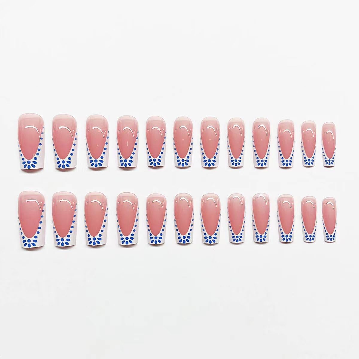 CTTHNBD Medium Press on Nails Square & Press on Toenails Set, White French Tip with Blue Spot Design - for Women 48 Pcs