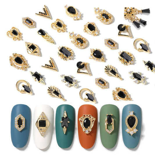 HNUIX Nail Charms and Gems - Gold Copper Zircon, Multiple Shapes, Metal BlackJewelry Rhinestones Charms, 18 Pieces