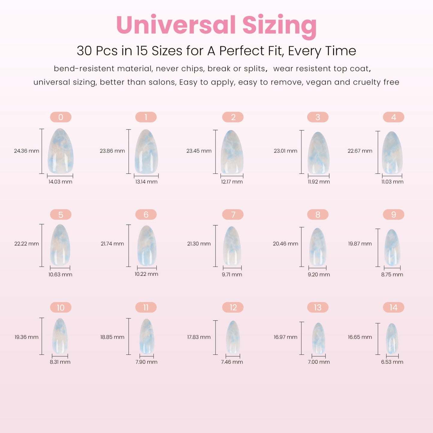 Nail Reformation Press On Nails, Marble Dream | Pastel Medium Almond Fake Nails in Blue Pink White with Glossy Finish, Reusable Stick On Nails in 15 Sizes - 30 Nail Kit with Glue, Gifts for Women