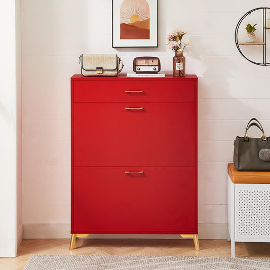 SPOFLYINN Shoe Storage Organizer Freestanding 8 Pair Storage Organizer with 2 Flip Door for Entryway Hallway Bedroom 32 x 10 x 43in Red