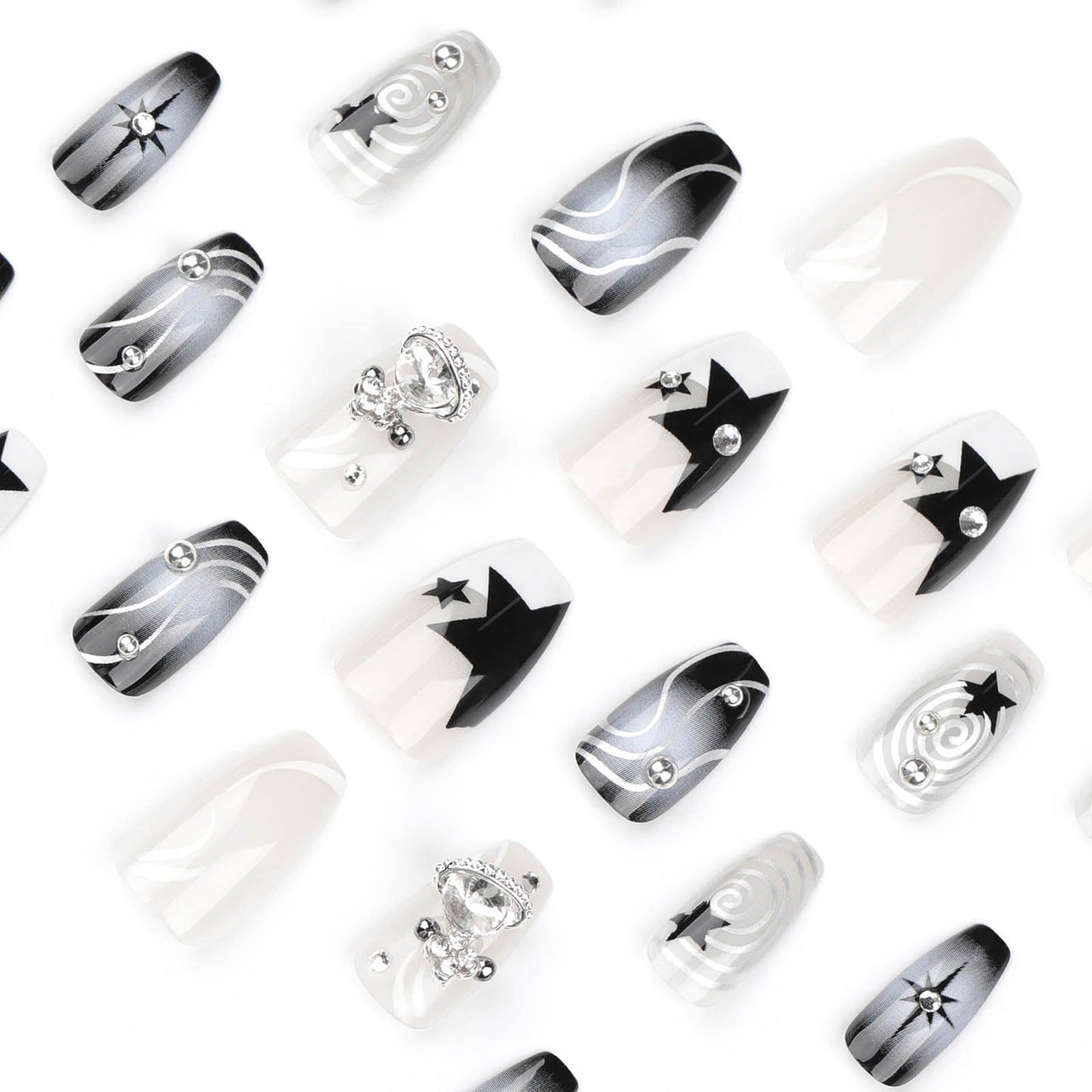 RTKHFZE Press on Nails Medium Coffin Fake Nails Black Gradient Acrylic Press on False Nails with y2k Planet Flash Diamond Artificial Press on Nails with Design Stick on Nails for Women