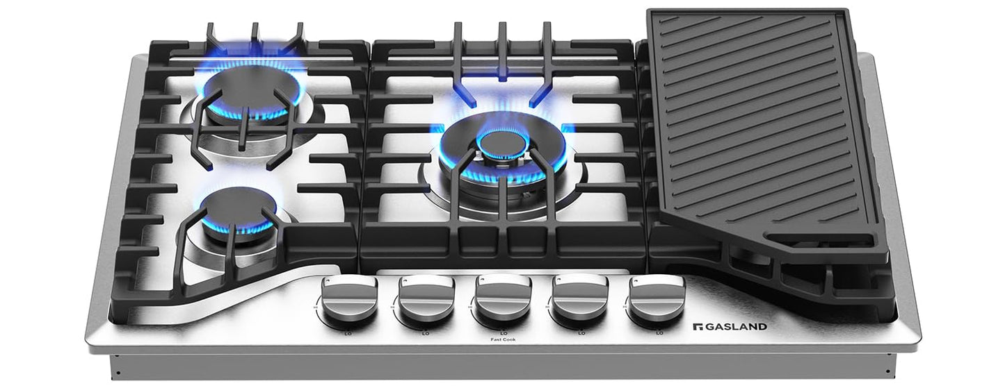 GASLAND 30 Inch Gas Cooktop, PRO GH3305SF 5 Burner Propane Stovetop with Reversible Cast Iron Grill/Griddle, Gas Countertop Plug-in, NG/LPG Convertible Cooktops, Stainless Steel