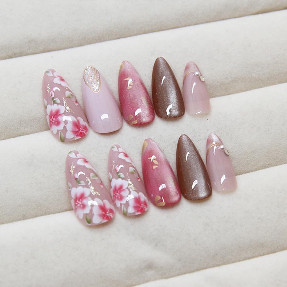 24Pcs Medium Almond Press on Nails Reusable Pink Acrylic False Nails Full Cover Glossy With Flowers Designs And Pearl Design Fake Fingernails Tips Almond Shape Artificial Fale Nail Kit Women Girls