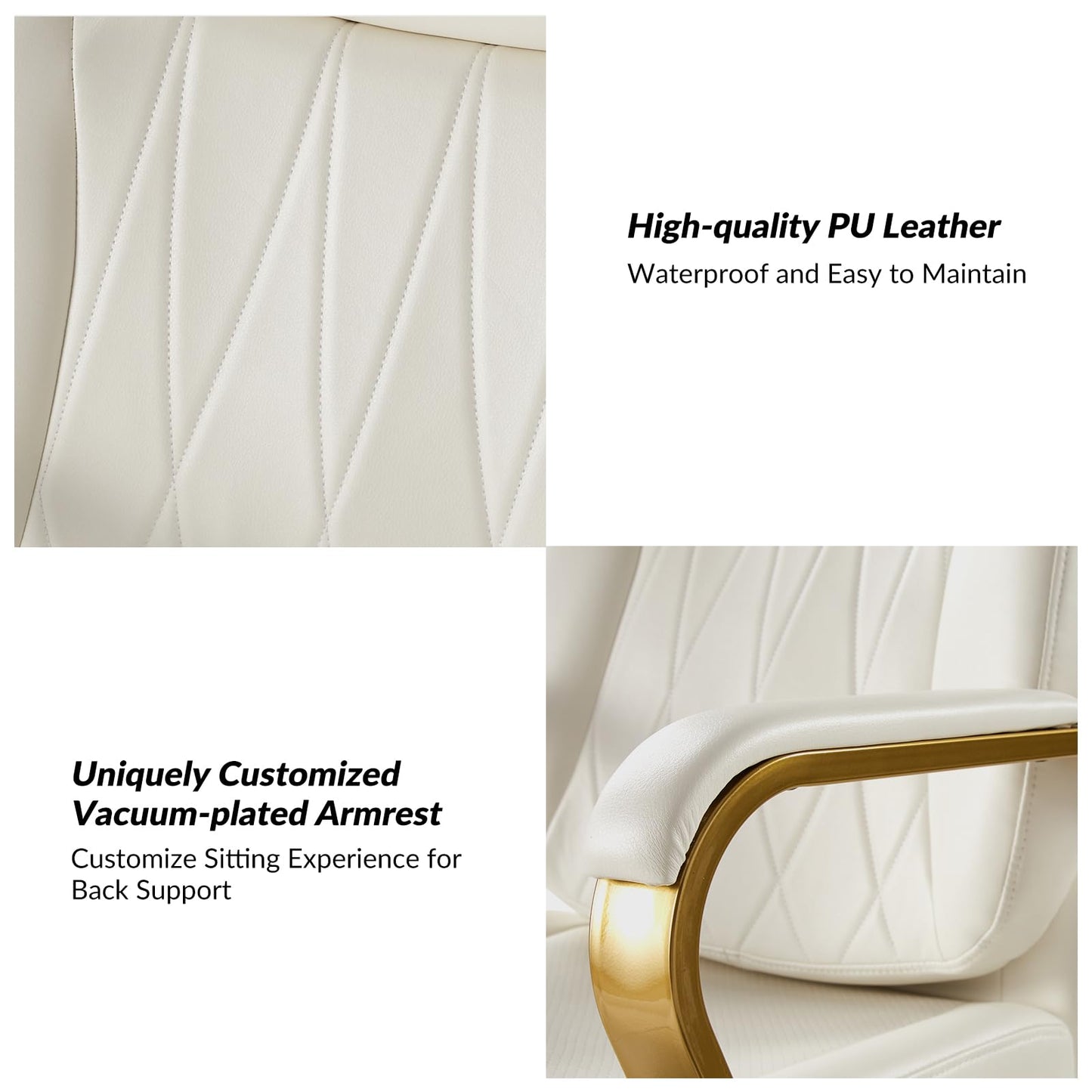 HULALA HOME Executive Office Chair with Adjustable Lumbar Support, Leather Ergonomic Office Chair with Padded Armrests, Tilt and High Back, White and Gold