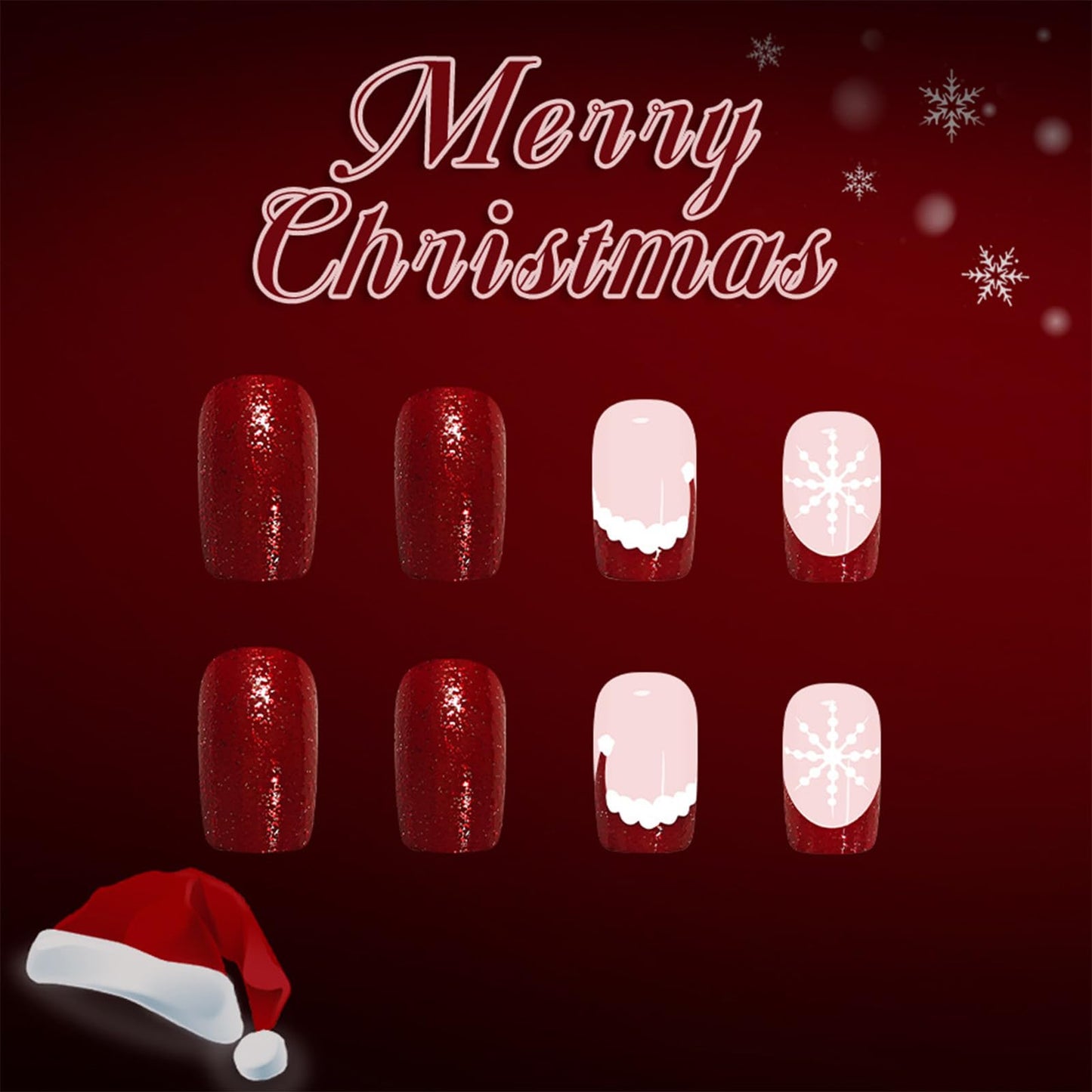 Christmas Medium Square False Nails Snowflake Gel Glue on Nail 24Pcs Christmas Hat Press on Nails French Tips Stick on Fingernails Glossy Red Curve Line Acrylic Fake Nail for Women Xmas Gift