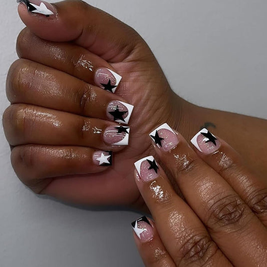 Star Press on Nails French Tip Fake Nails Short Square False Nails Press ons with Design,Reusable Artificial Nails Full Cover Glue on Nails Stick on Nails for Women Manicure 24 Pcs