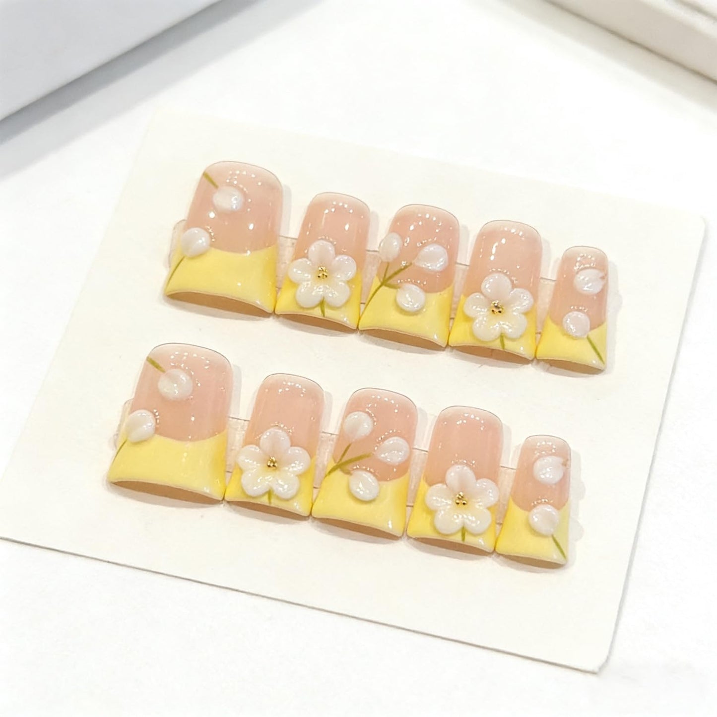 Spring Summer Duck Press on Nails Handmade Press on Nail Luxury Yellow French Acrylic Fake Nails 3D Flower Designs Stick on Nail Full Cover Thickened False Nails for Women Nail Art DIY（Size S 10 Pcs)