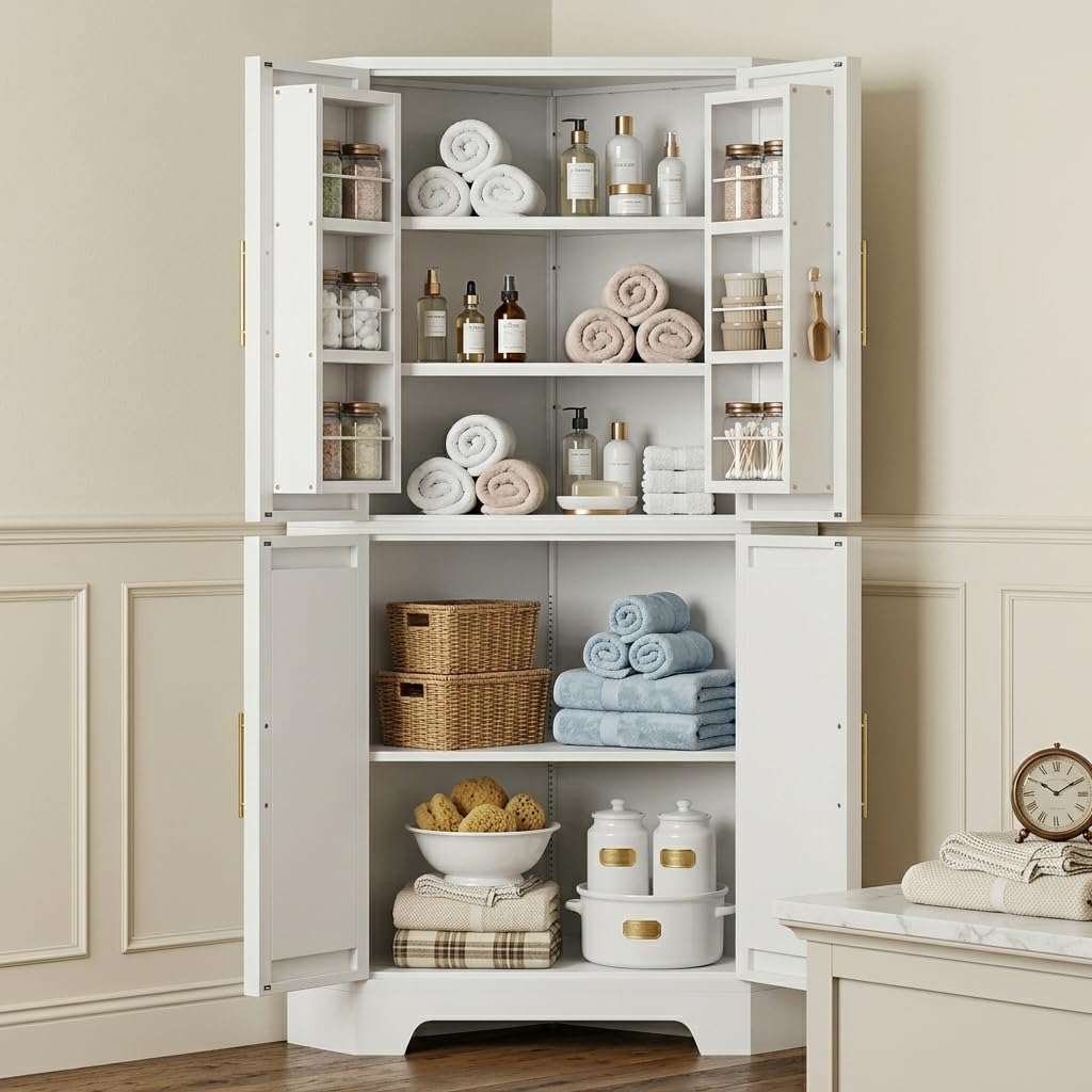 AUN Corner Cabinet, Kitchen Pantry Storage Cabinet with Adjustable Shelves & Spice Rack, Tall Freestanding Corner Pantry with Shaker Doors & Gold Handles for Kitchen, Bathroom, Living Room (White)