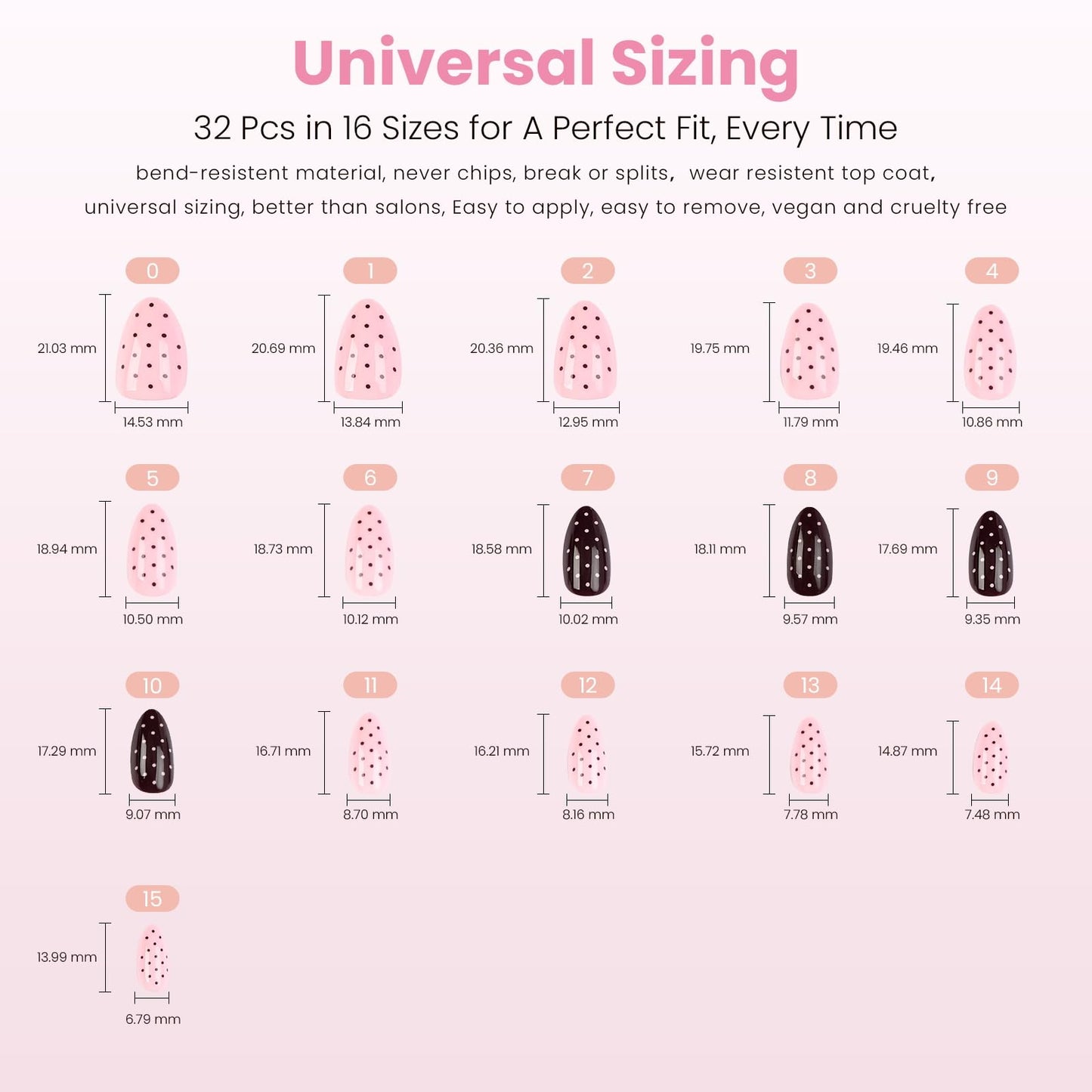 Nail Reformation Press On Nails, Double Dip | Polka Dot Short Almond Fake Nails in Rich Brown and Creamy Pink with Glossy Finish, Reusable Stick On Nails in 16 Sizes - 32 Nail Kit for Women Gifts