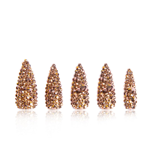 LOVFUL Press on Nails Classic Golden Rhinestone | Handmade with Full Covered Crystals | Reusable Fake Nails | Stiletto Classic Regular 1.3 in | H148-M