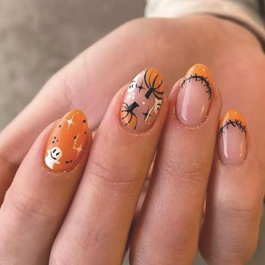 Halloween Press on Nails Orange French Tip Fake Nail Cute Pumpkin Ghost False Nail Short Nude Pink Nails Press ons Halloween Glue on Nails Acrylic Nail for Women 24Pcs