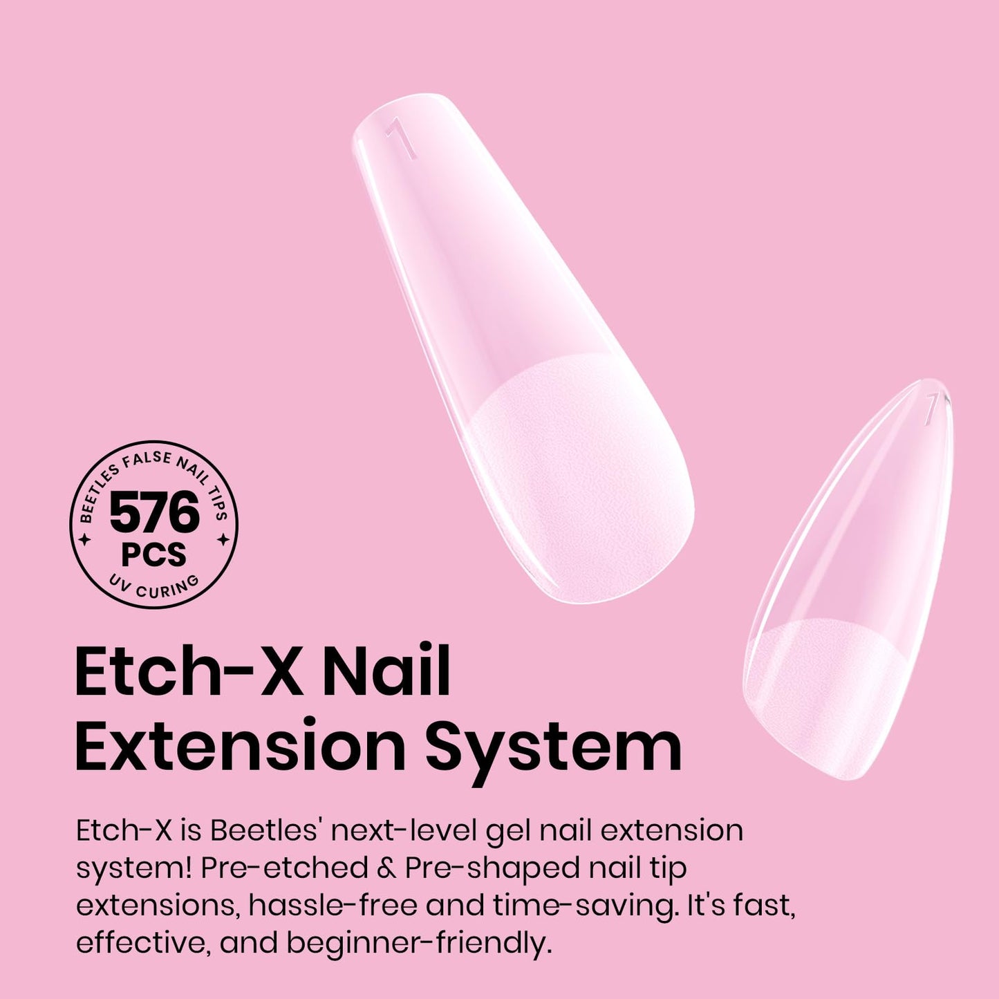 Beetles Medium Almond Nail Tips 576pcs 12 Sizes, Pre-Etched Soft Gel Nail Tips Half Matte Full Cover Press on False Nail Tips Clear Acrylic Nails Glue on Nails DIY Nail Extension Gift for Women