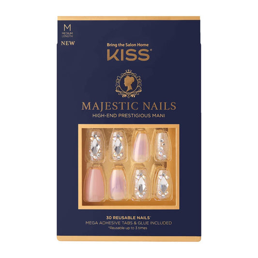 KISS Majestic Fake Nails, 'In a Crown', High-End Gel Nails, 30 Reusable Medium Length Coffin Shaped Glue-On & Press-On Jeweled Accent Glue On Nails