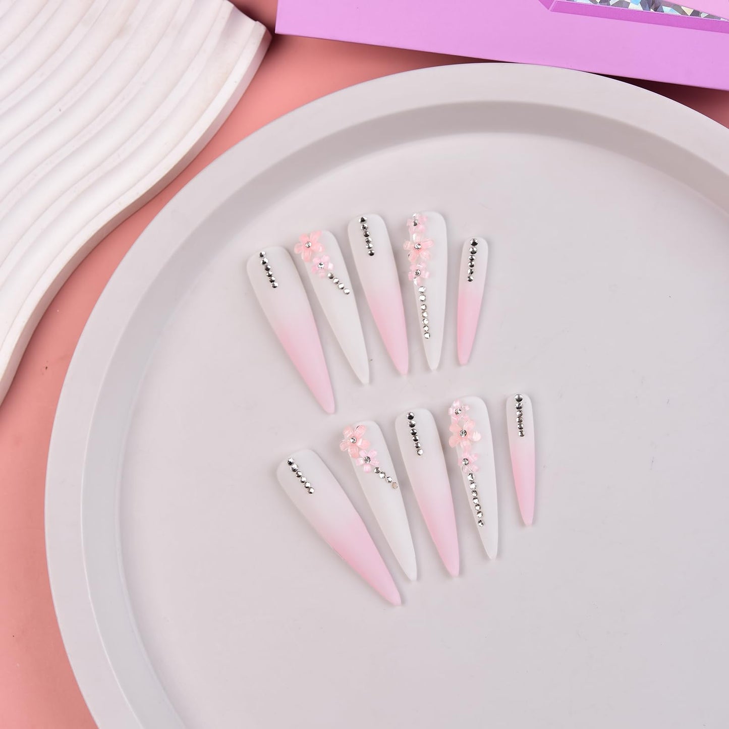Tmani 10pc/set Extra Long Handmade Press On Nail Hot Girl's Long Ballet Nails Pointed Nail Full of Diamond Glitter Decoration Fake Nails Suitable For Girls Festival Parties and Birthday Gift（003,S)