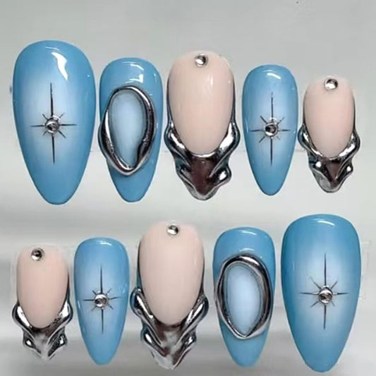 24Pcs Blue Press on Nails Medium Almond Fake Nail Tips with Rhinestones Sparkling Star Gothic Style Y2k Blue French Silver Star Stick on Nails Acrylic Nails Almond Shape False Nails for Women