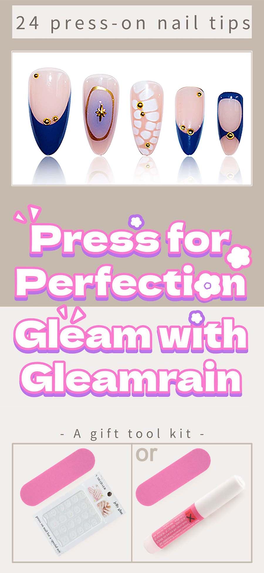 Gleamrain Almond Press on Nails Medium with French Design Blue Glue on Nail for Women Summer Vacation 24pcs