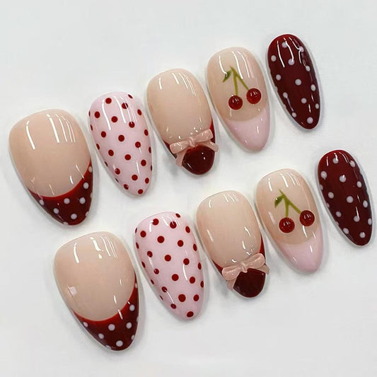 30Pcs Cute Pink Press on Nails Short Almond Fake Nails with French Polka Dot Bow Cherry Pattern Design Nude Glossy Red French Nails Tip Full Cover Artificial Nails for Women DIY Nails Daily Wear