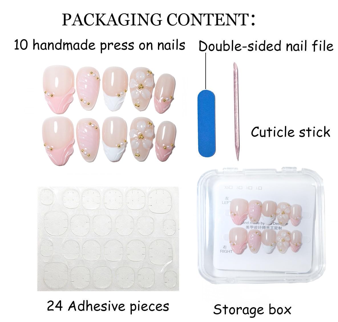 10Pcs Short Almond Handmade Press On Nails | Nude Pink Ombre with 3D Floral, Pearl & Gold Bead Decor | Reusable Salon-Quality Fake Nails for Women and Girls (PZ03, S)