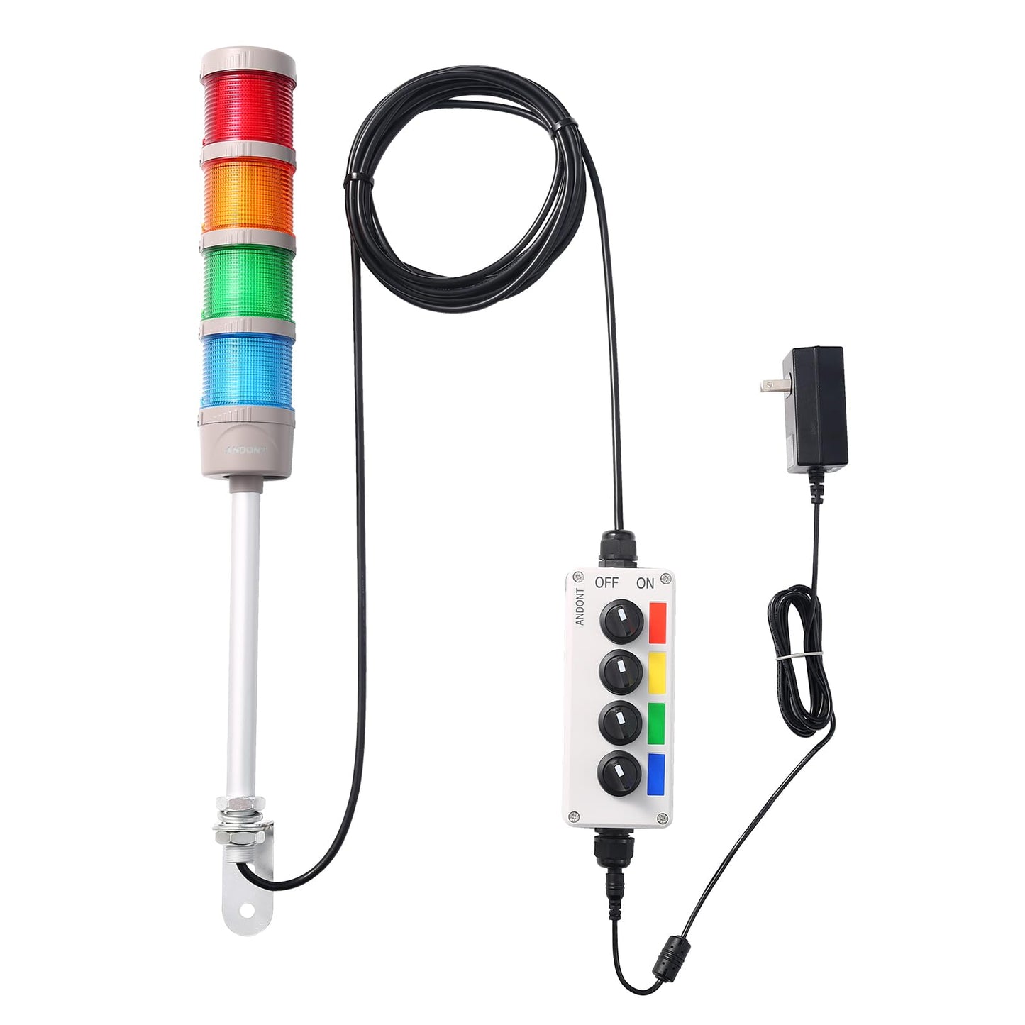 ANDONT 4-Stack LED Andon Tower Signal Light, Red/Yellow/Green/Blue, On/Off, ABB Selector Switch, Mean Well Industrial Power Adapter 6 ft & 16 ft Extension Cord, IP65 Rated, Plug-and-Play
