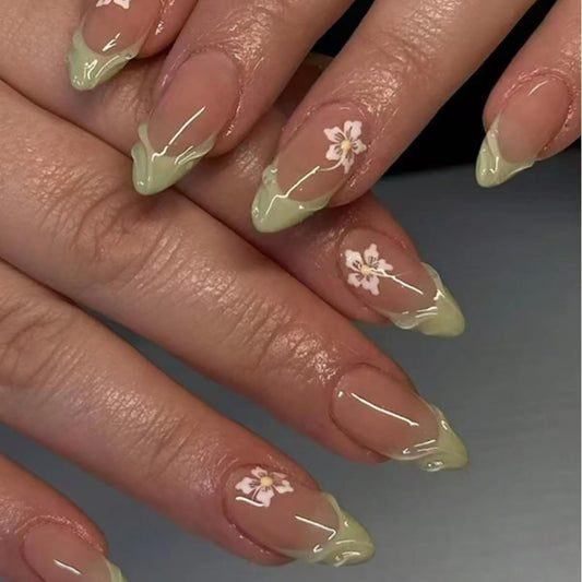 CJDLTS Green French Tip 3D Acrylic False Nails Flower Press on Nails Almond Medium Length Full Cover Glossy Nude Artificial Fingernails White Floral Pattern Design 24Pcs DIY Glue on Nails for Women
