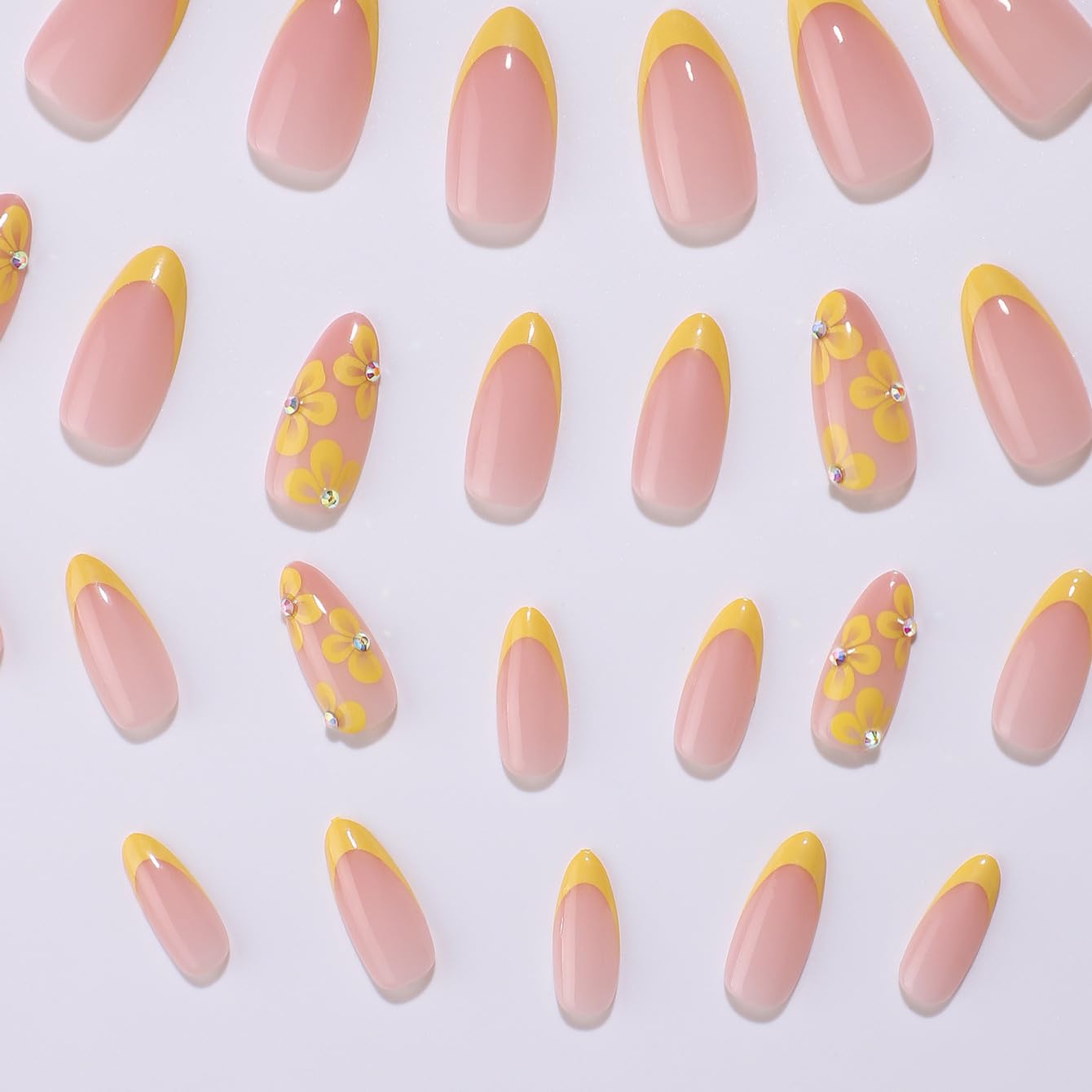 TOGZOM 30Pcs Almond Press on Nails Medium Yellow Flowers Fake Nails French Tips Nails Press ons Glossy Acrylic Nails with Rhinestone Glue on Nails Designs 15 Size for Women Manicure, Style10