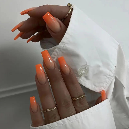 MISUD Press on Nails - Long Square Fake Nails with Summer Orange, Acrylic Ombre Gradient Design 24 pcs