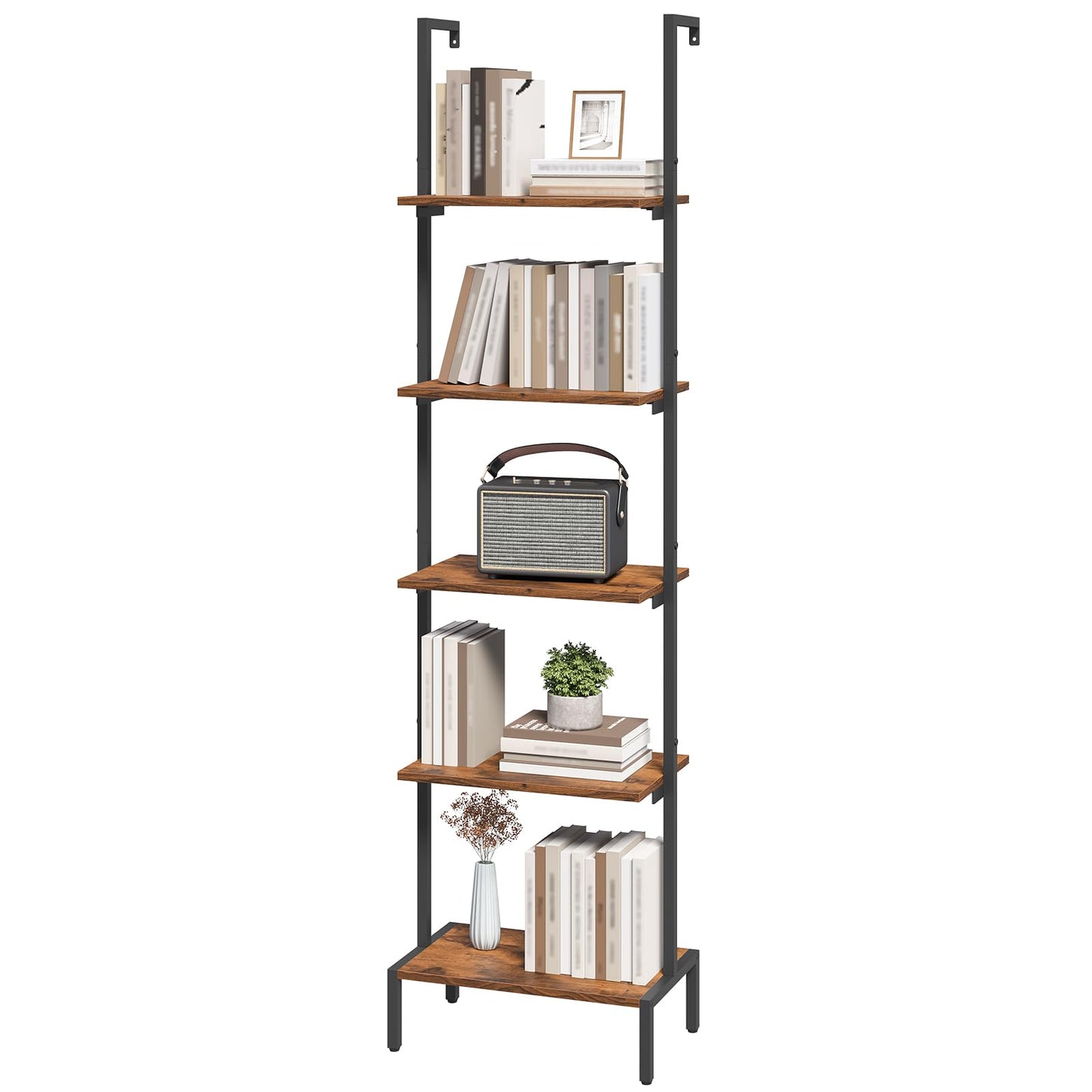 MAHANCRIS Ladder Shelf, 5-Tier Bookshelf, Ladder Bookcase with Wall Mount, Heavy Duty Industrial Style Storage Rack for Living Room, Office, Kitchen, Bedroom, Rustic Brown and Black LSHR5501