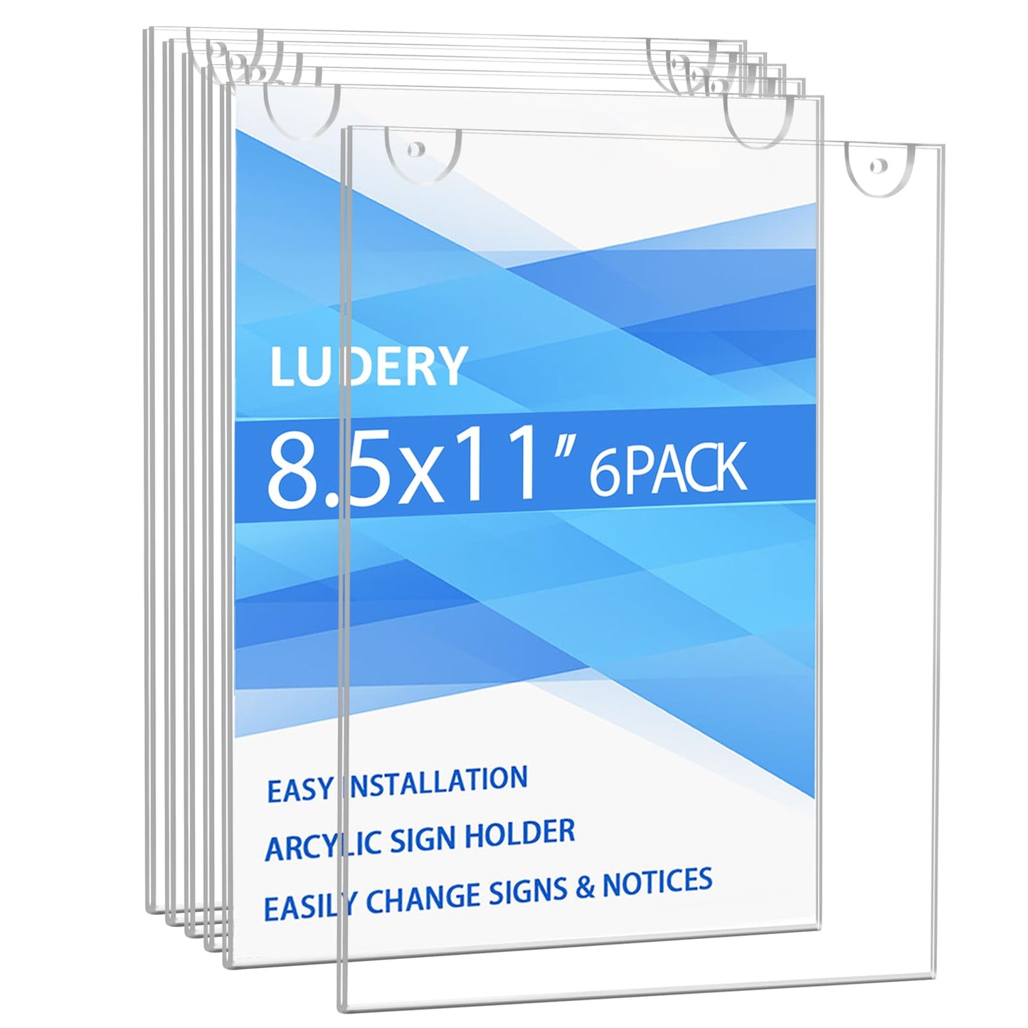 Ludery Acrylic Sign Holder 8.5 x 11 Vertical, Wall Mount Document Holder, Clear Plastic Picture Frame with Tape Adhesive and Screws for Office, Home, Store, Restaurant - 6 Pack