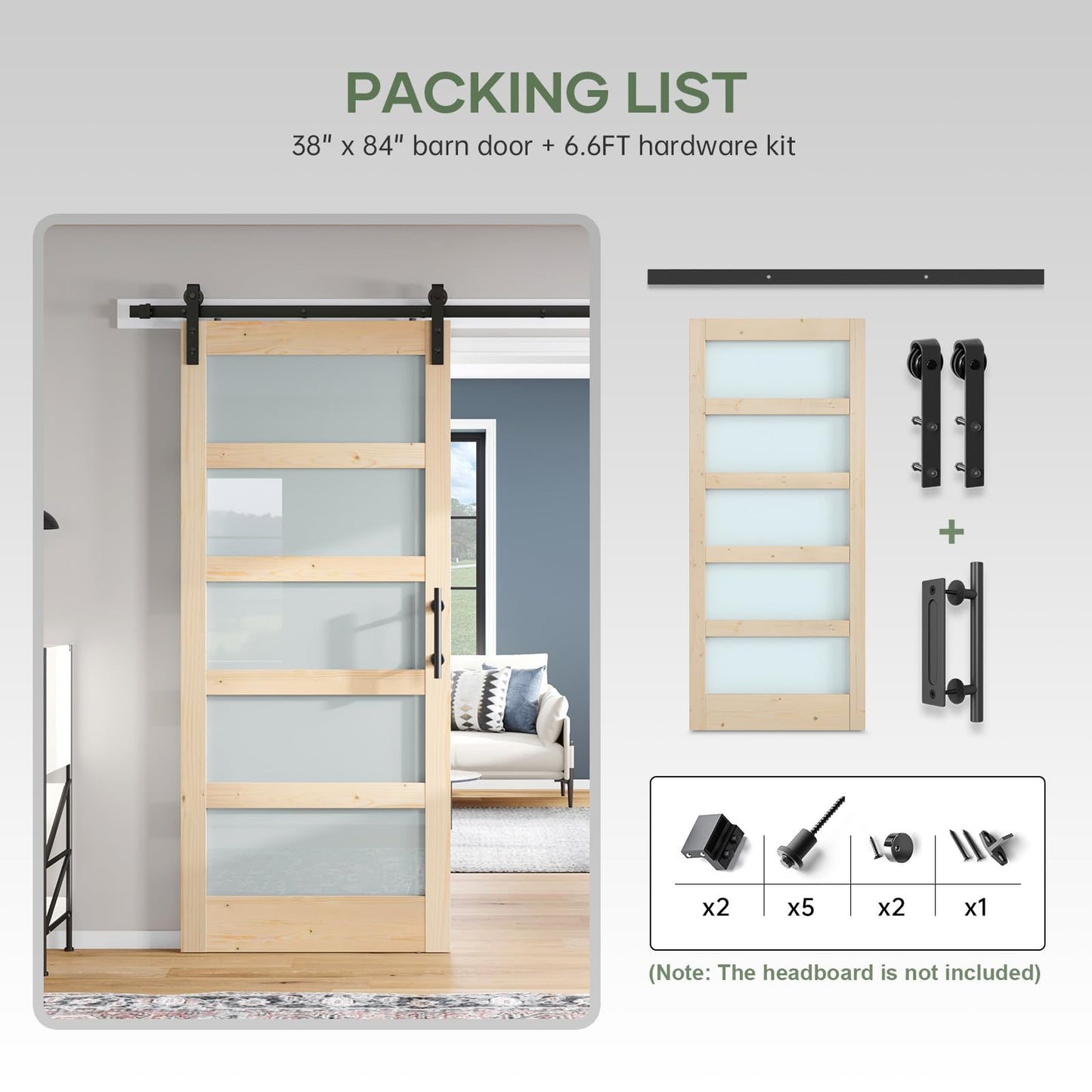 ROYMELO 38x84 inch Glass Sliding Barn Door Slab with 6.6ft Hardware Kit Included, 5-Panel Frosted Glass, Spruce Wood Support DIY Dyeing, Easy Assembly