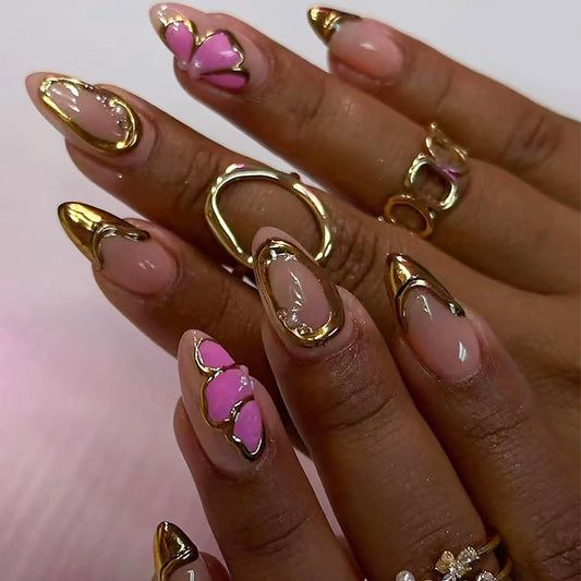 Flower Press on Medium French Tip False Nails - Floral Pearl 3D Gold Lines Design Acrylic Coffin Full Cover Almond Press Ones - Artificial Glue on for Women