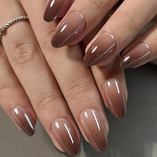 UNA GELLA 32Pcs Soft Gel Press on Nails - 16 Sizes Brown Ombre Chrome Almond Glue on Nails, Reusable Metallic Gradient Short Almond False Nails, Full Cover Acrylic Nail Kit for Women DIY Home Manicure