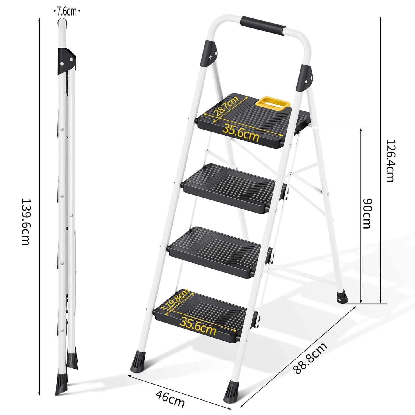 KINGRACK 4 Step Folding Ladder, 800lbs Capacity Step Stool with Safety Lock, Non-Skid Wide Pedals, and Handrail, Lightweight, Household Ladder for Home, Kitchen, Pantry, Closets, and Office Use, White