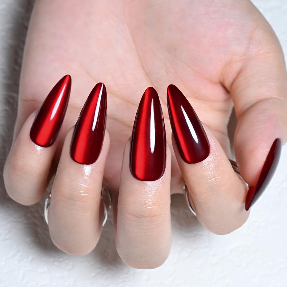 evpct Dark Red Cat Eye Press on Nails Almond Long No Glue, Soft Stick on Nail Almond for Women, Holographic Red Glossy Soft Perfectly Fit Reusable Long Press on Acrylic Fake Nail with Cat Eye Designs