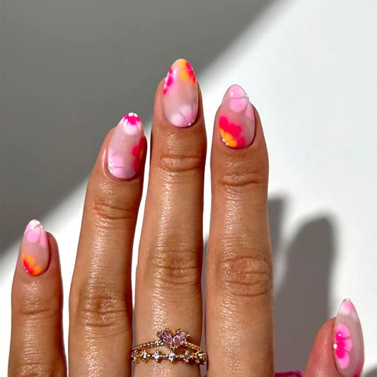 IMSOHOT Press on Nails Short Oval Fake Nails Pink Flower Glue on Nails Summer Cute Acrylic Nail Supplies Full Cover Glossy Round False Nails for Women Girls 24Pcs