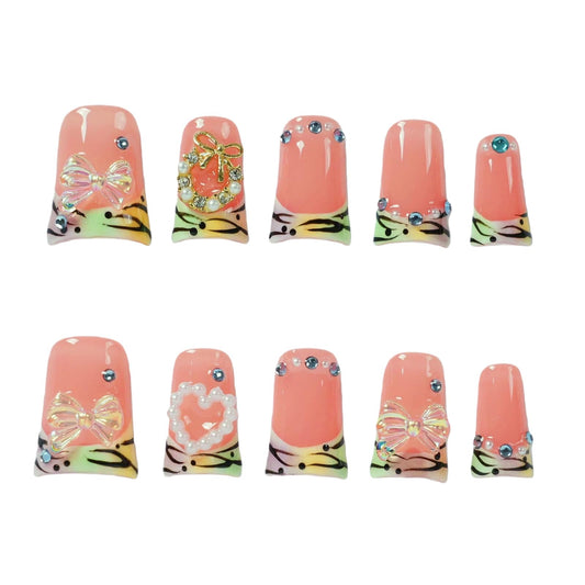 Tesytto Handmade Press On Nails Pastel Rainbow French Tip Short Duck with Iridescent Bow Pearl Heart and Rhinestone, Reusable Cute Summer Stick On Fake Nails for Women Girls, 10 Pcs(Coral Tiger Bow,M)